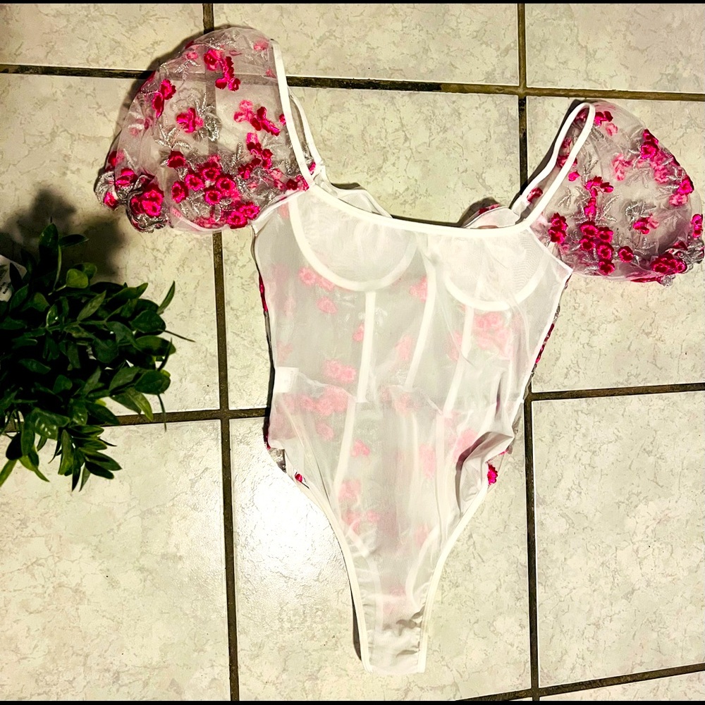 Sheer Bodysuit with bright pink floral design